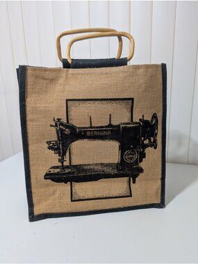 Bernina Brown Burlap Sewing Tote Bag Wood Handle 13.5x14 Boho